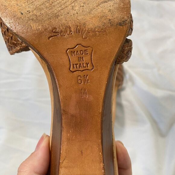 Tan Brown Braided Open Toe 90s Euro Leather Block Wedge Heels Sandals 6.5 - Picture 8 of 8